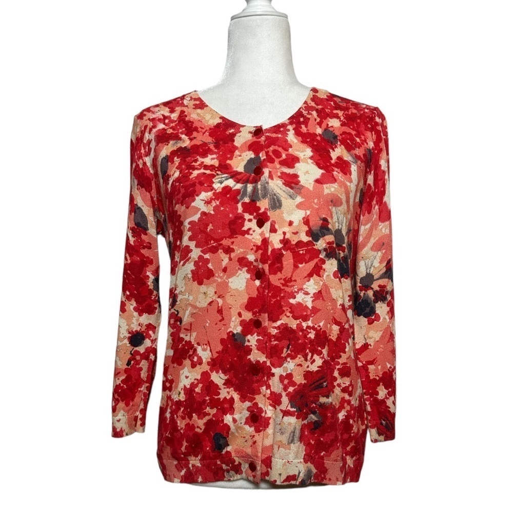 Talbots Women's Cardigan Sweater Size M Floral 3/4 Sleeve Soft Classic Button
